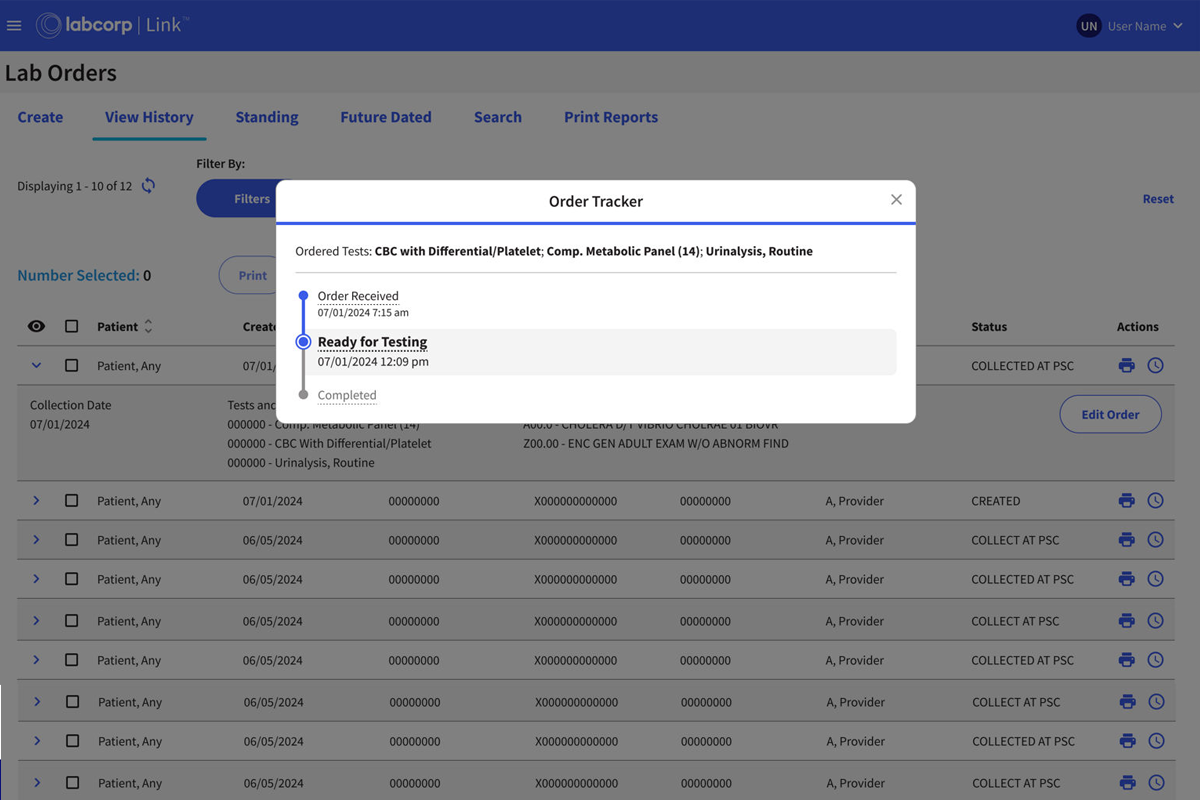 Labcorp Link Order Tracker Screenshot. The order tracker is a popup on the link screen with a timeline of the process. The order is on the second step labeled 'Ready for Testing'. The first step (completed) is labeled as 'Order received'